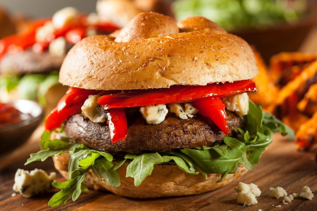 burger recipes: Portobello burger with roasted red pepper and goat cheese