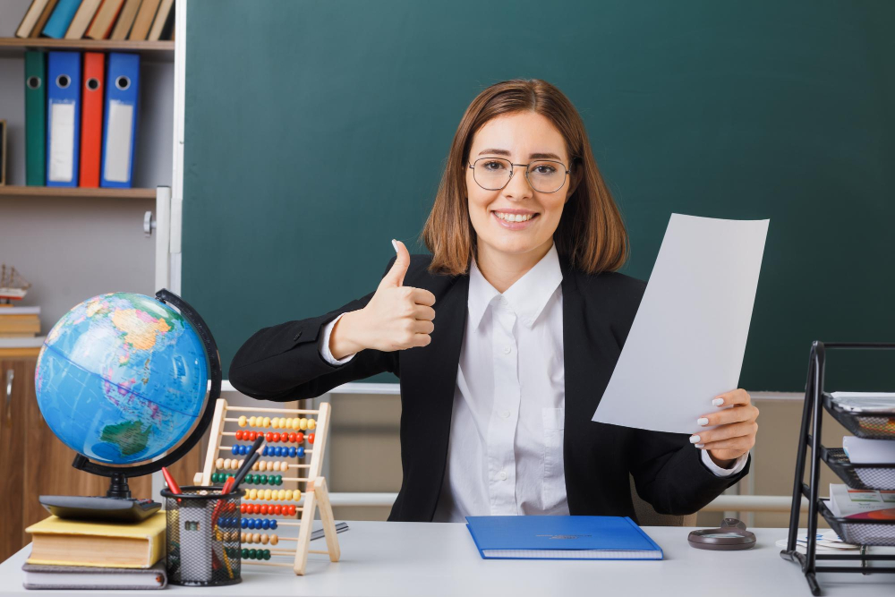 young-woman-teacher-wearing-glasses-sitting-school-desk-with-globe-books-front-blackboard-classroom-holding-white-empty-sheet-paper-showing-thumb-up-smiling-cheerfully