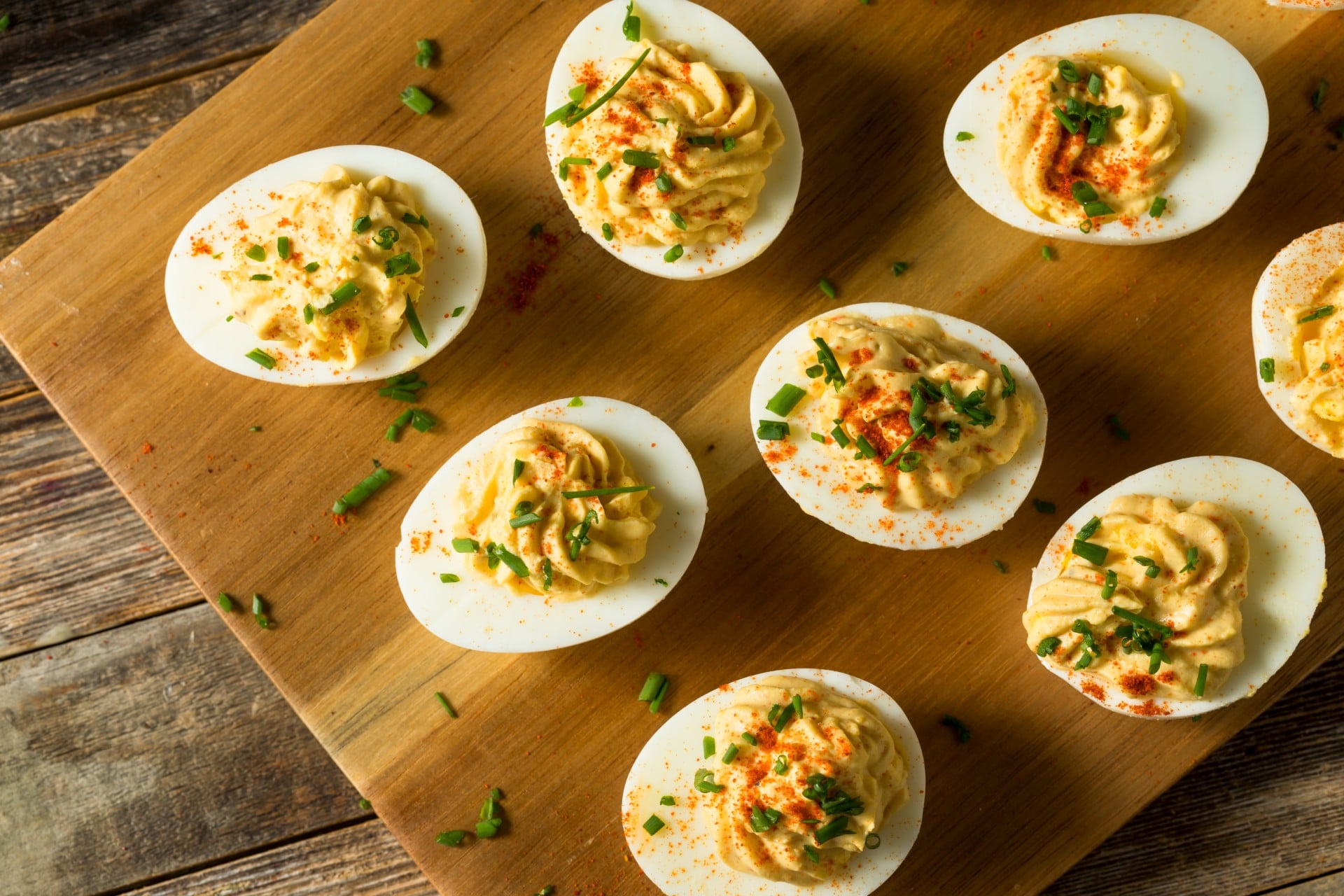 board with deviled eggs