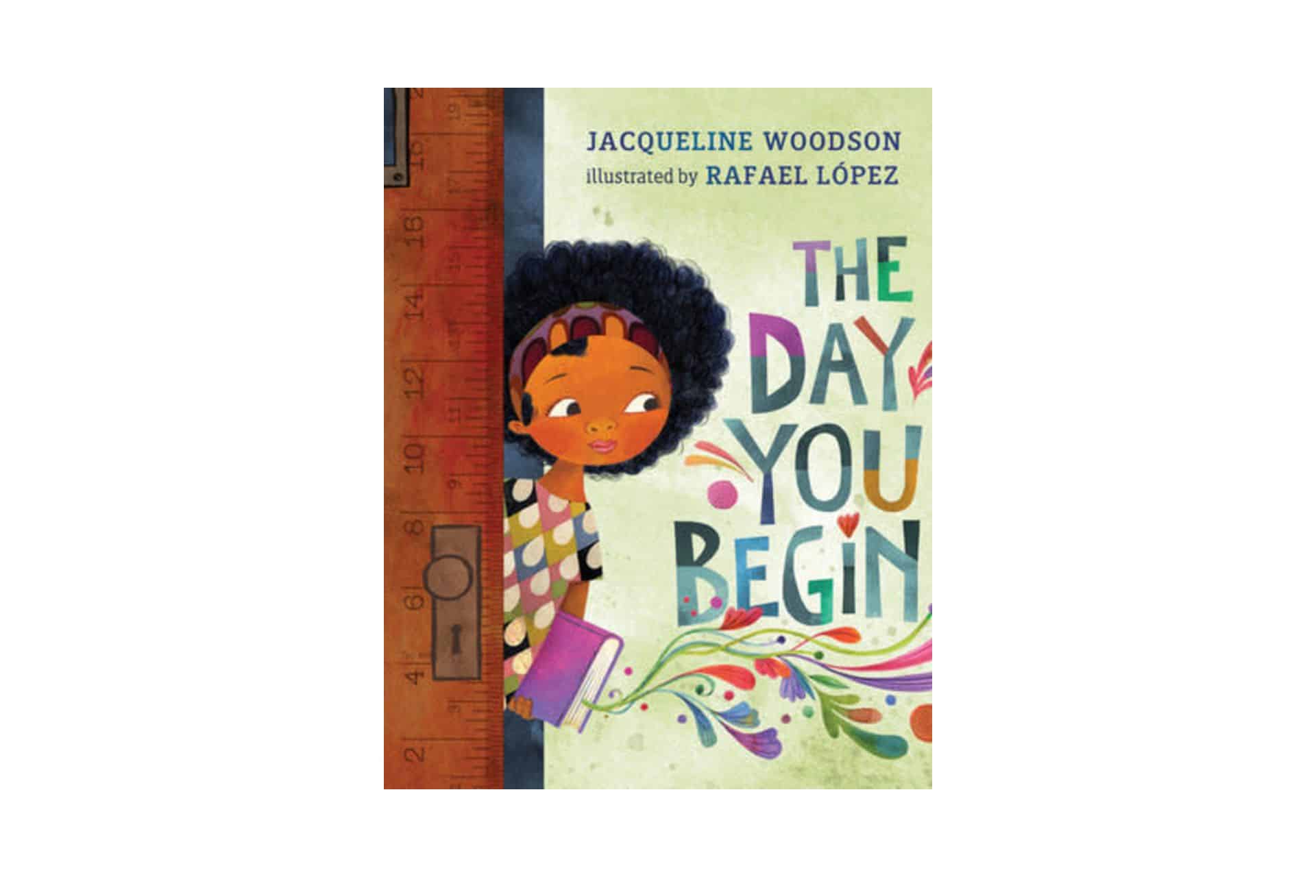 Book cover called The Day You Begin with a child peering into a classroom