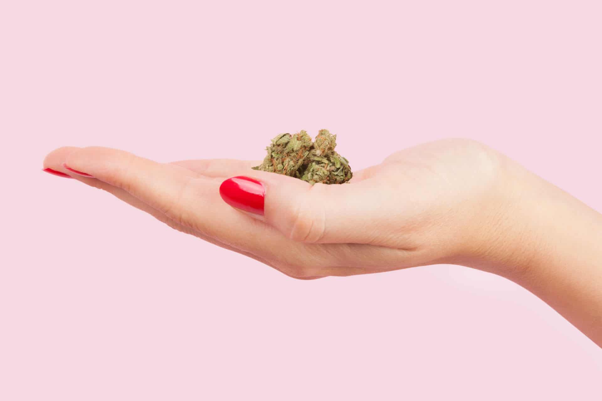 woman's hand with manicure holding a bud of marijuana