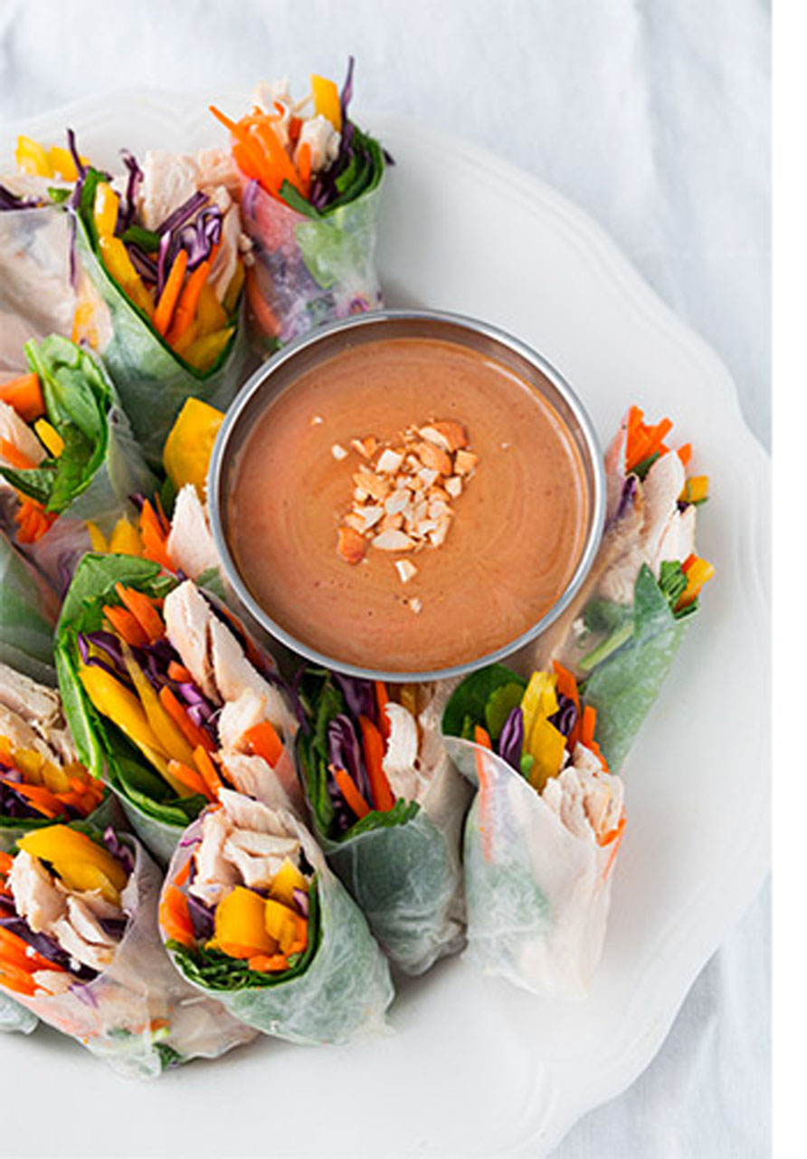 Rainbow fresh rolls with peanut dipping sauce recipe - 26 foods kids can eat with their hands
