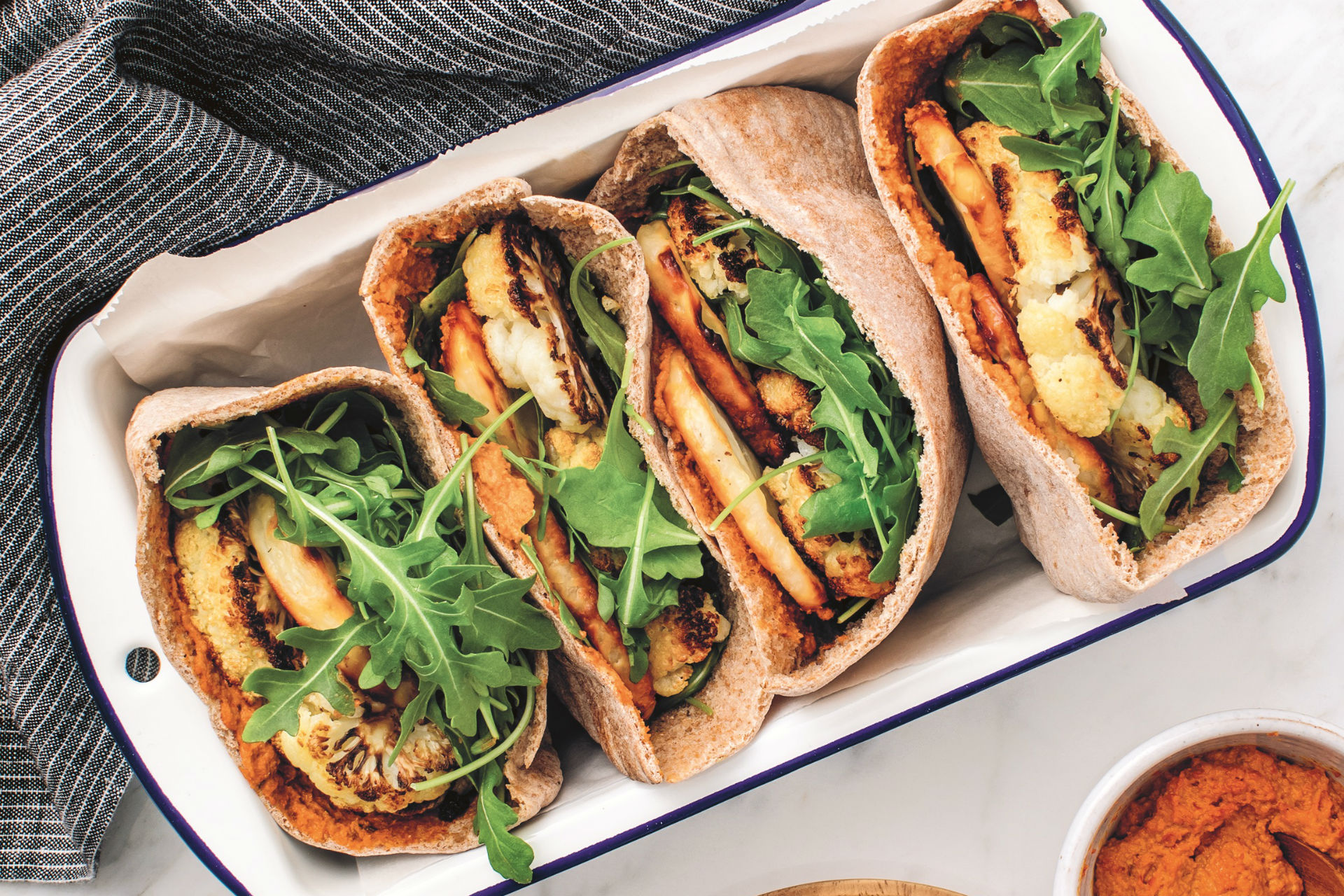 Pitas stuffed with halloumi and cauliflower