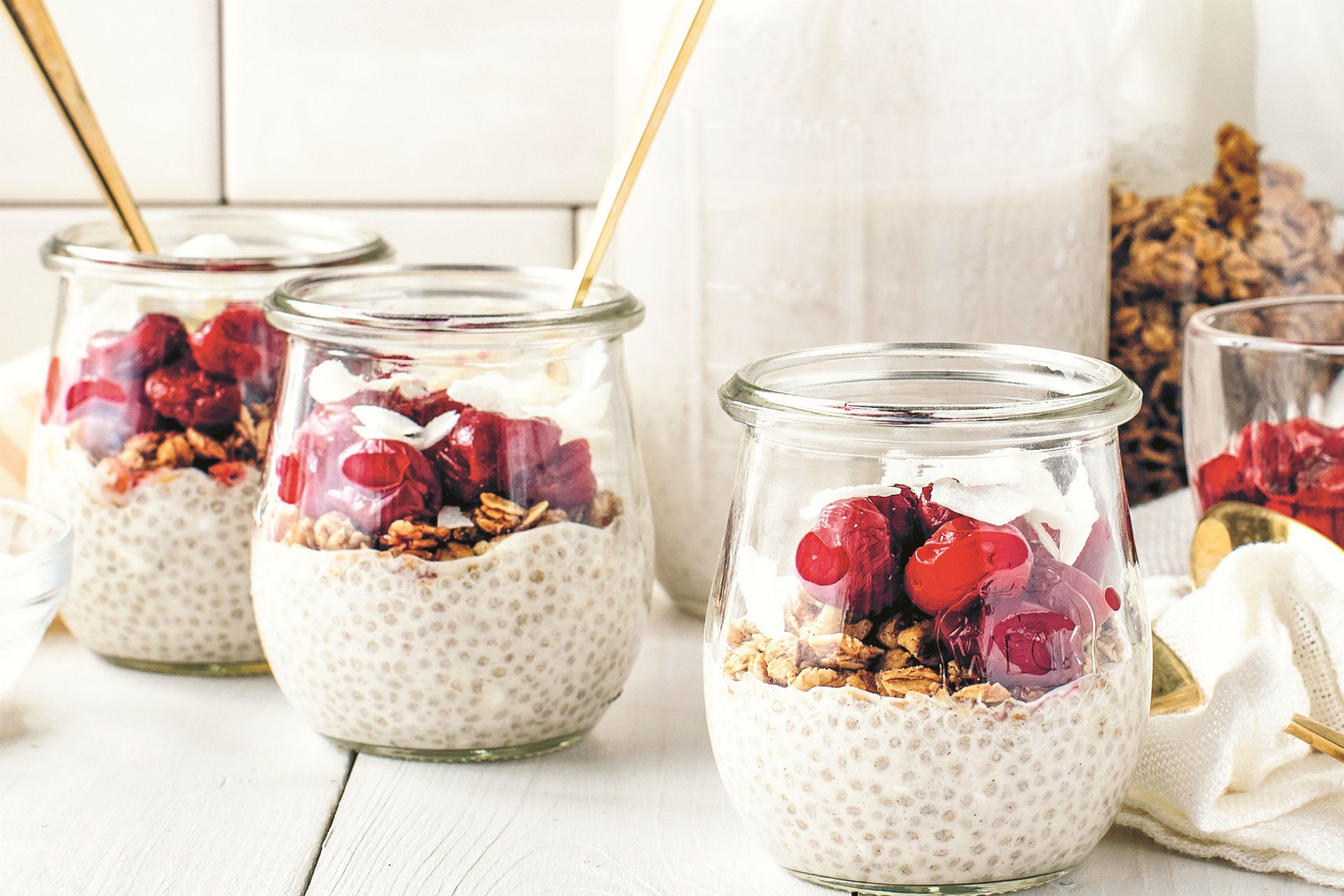 jars of parfait with cherries