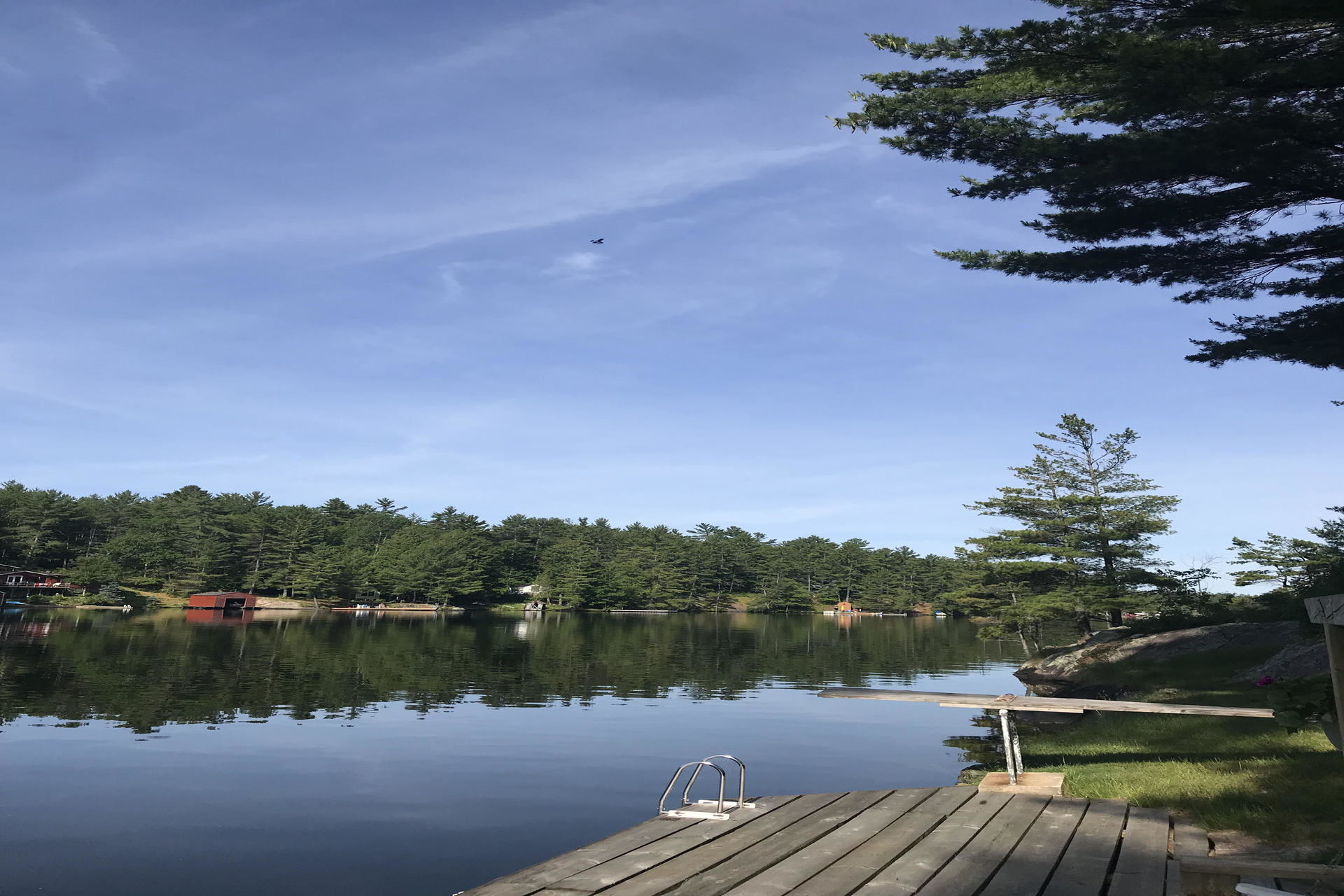 calm lake with dock