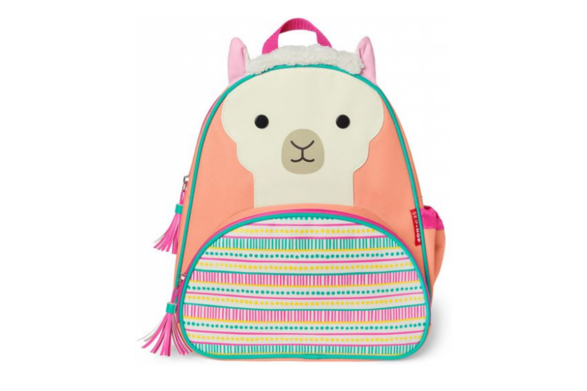 llama on a colourful backpack