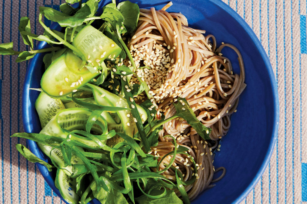 bowl of soba noodles with cucumber
