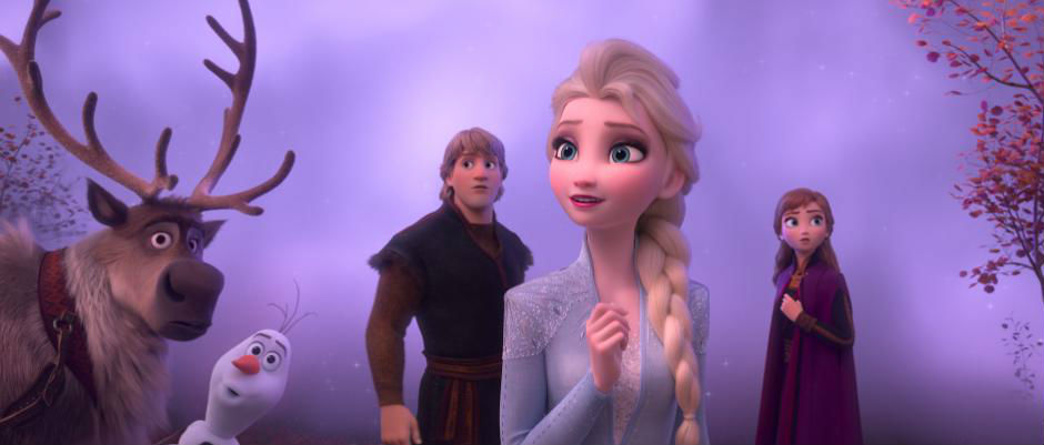 Still from Disney's Frozen 2 with anna, elsa, olaf and kristoff
