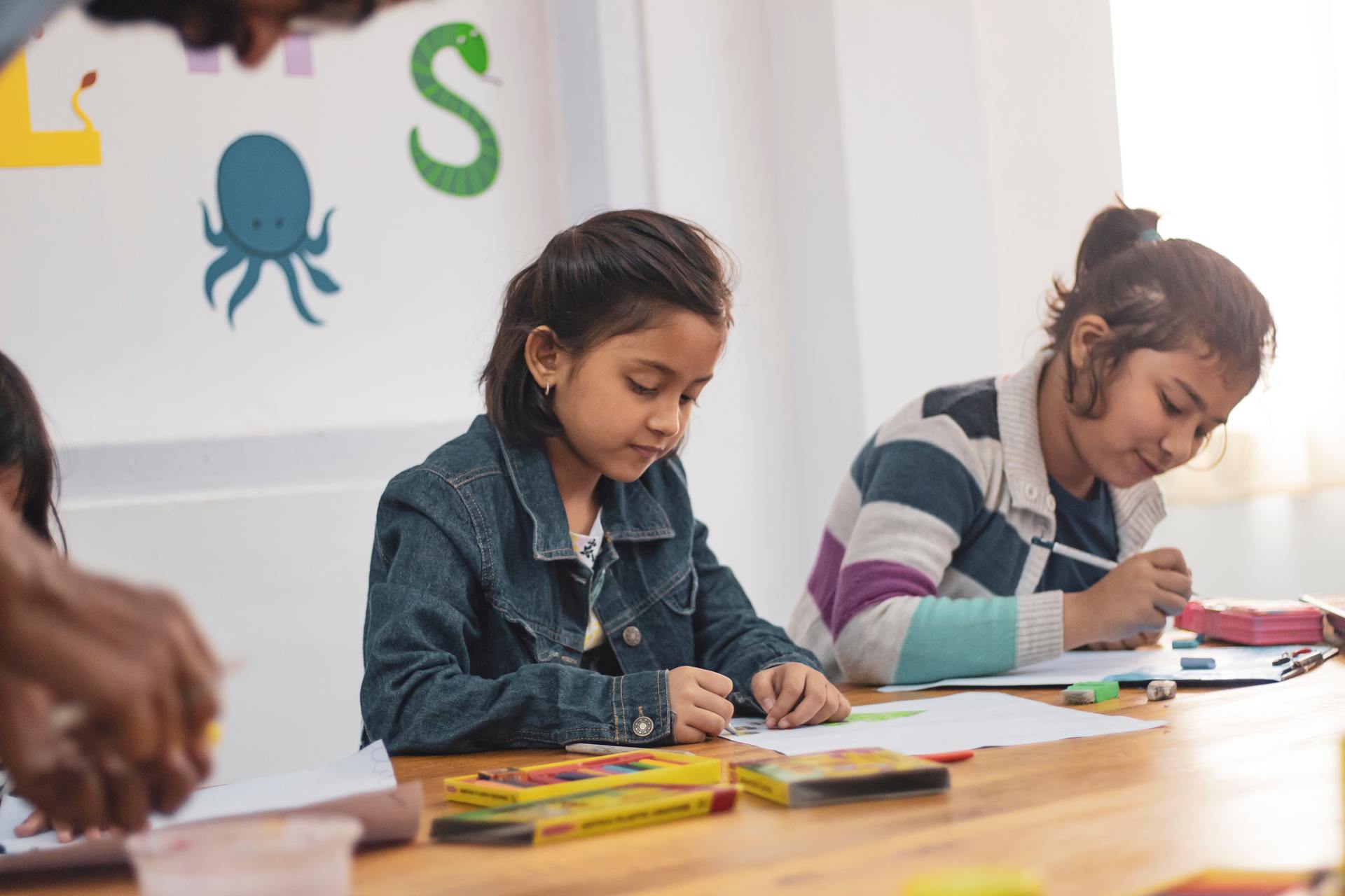 Two girls doing schoolwork at a desk