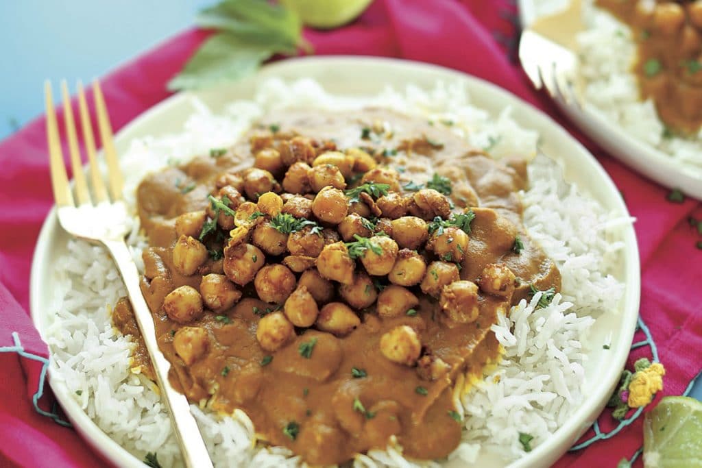 plate of chickpea curry on rice