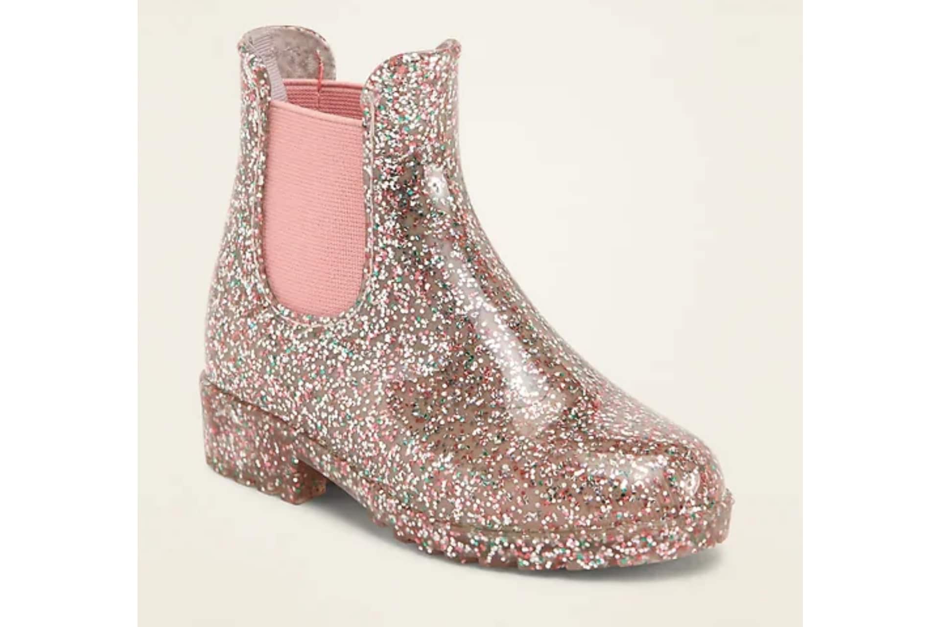 glittery pink-toned chelsea rain boot
