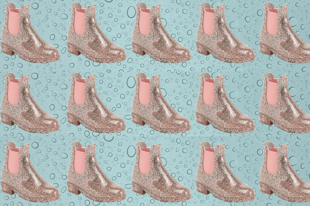 glittery rain boot on a rain drop background