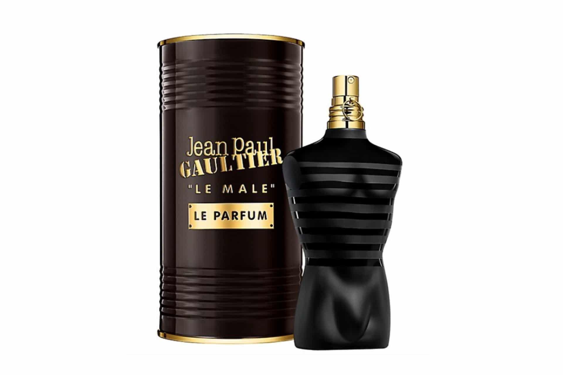 bottle of a male-shaped cologne in a black striped bottle with tin