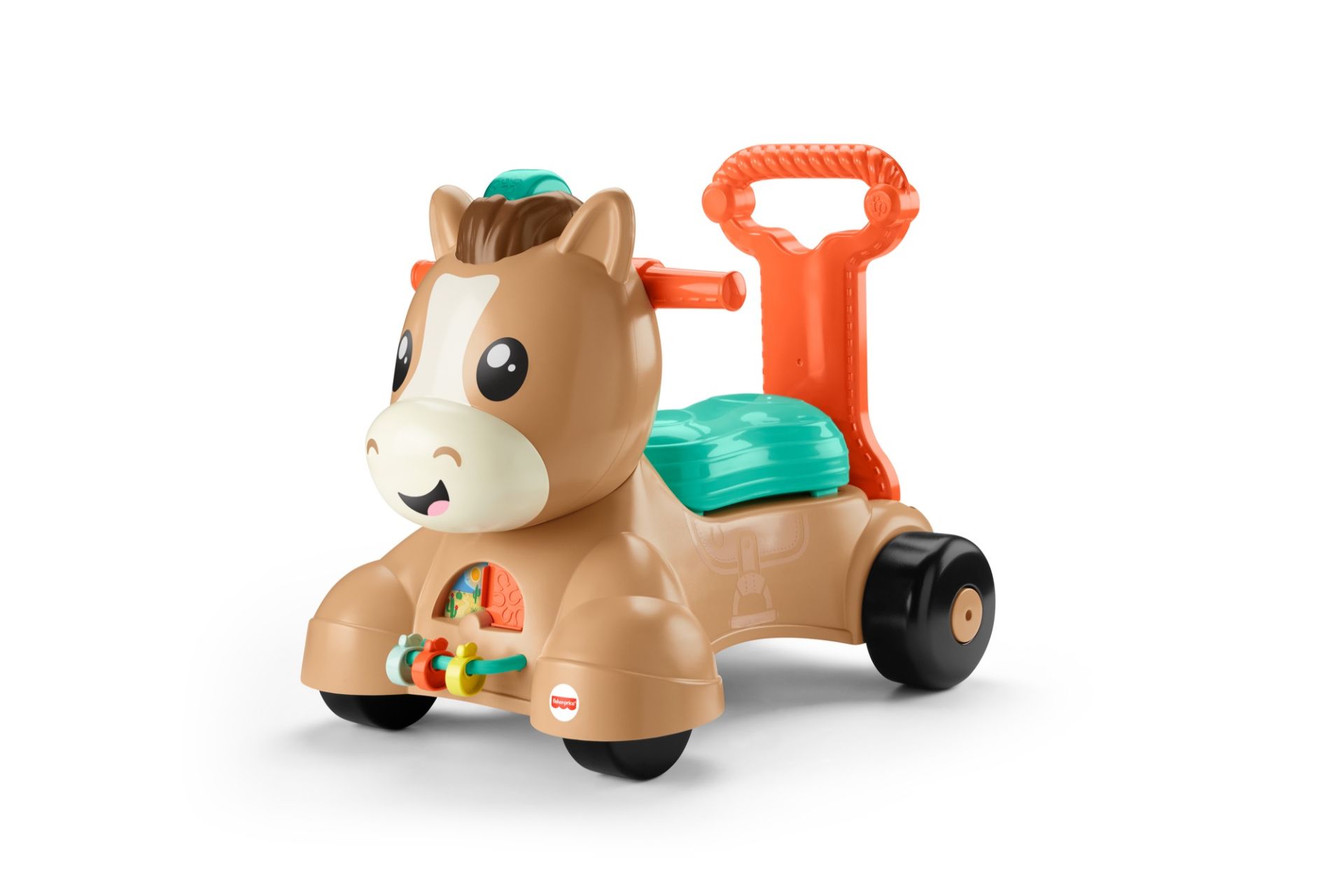 brown, beige, orange and turquoise horse-shaped walking toy