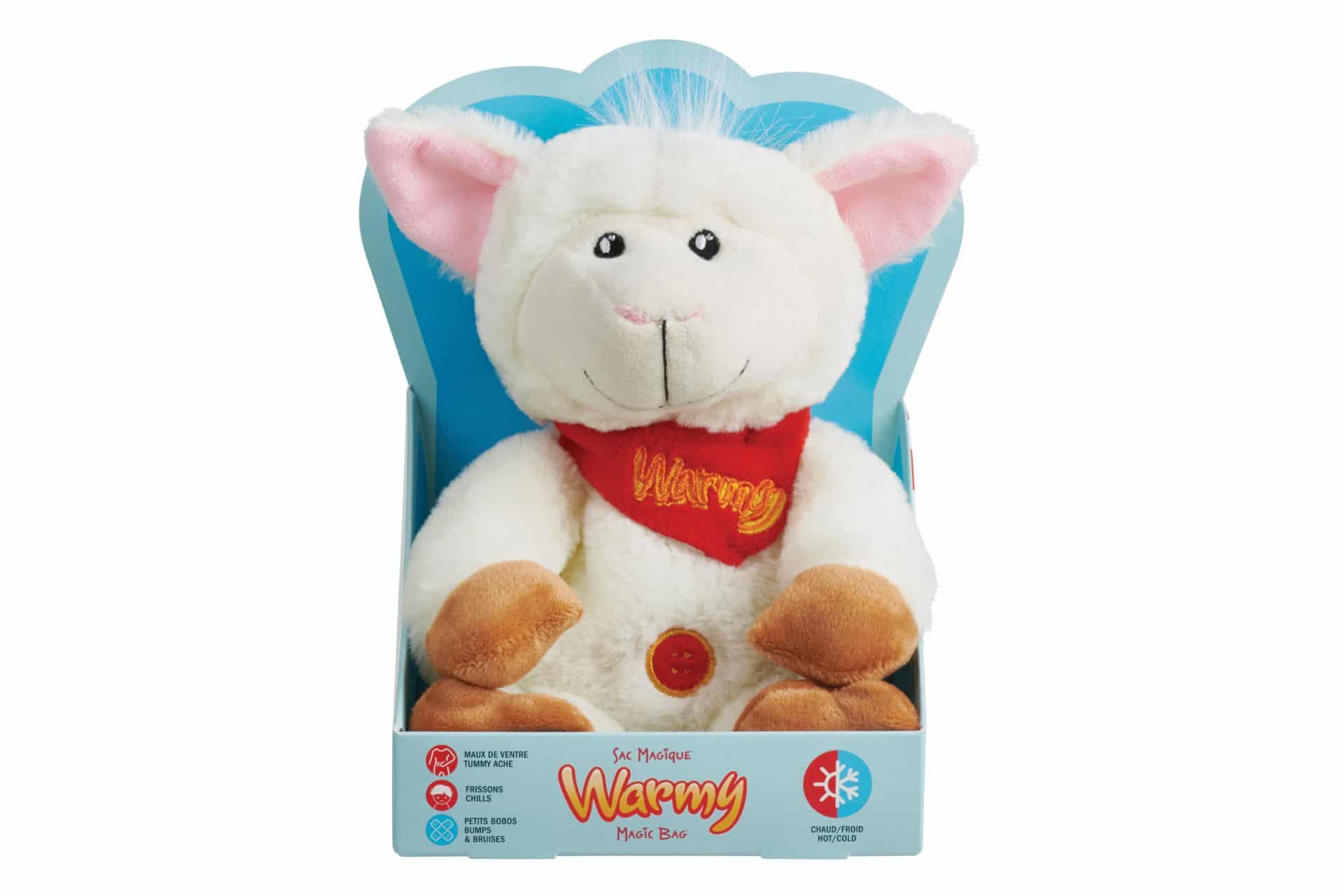 white lamb stuffed toy in blue retail box
