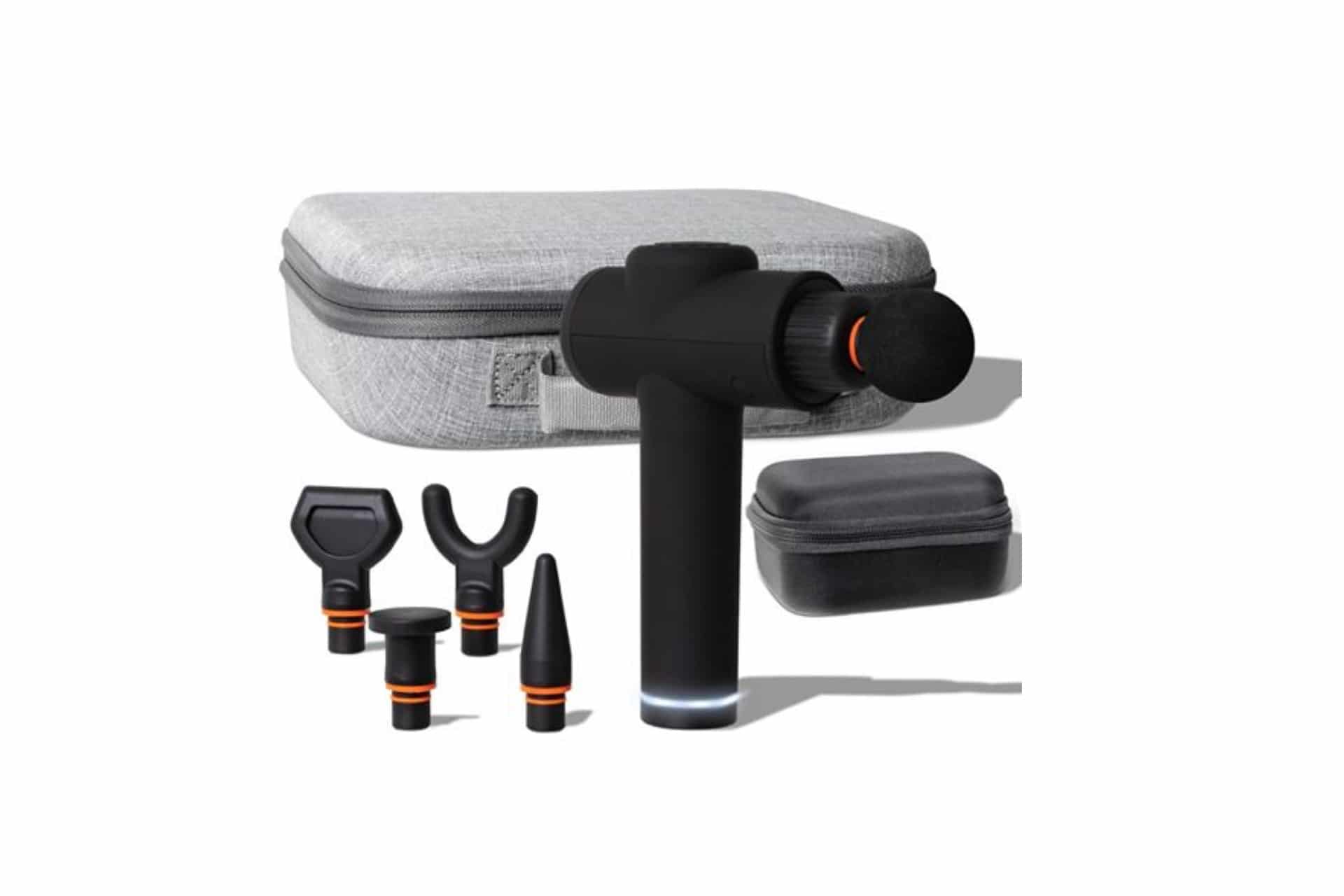 massage gun with attachments and a grey carrying case
