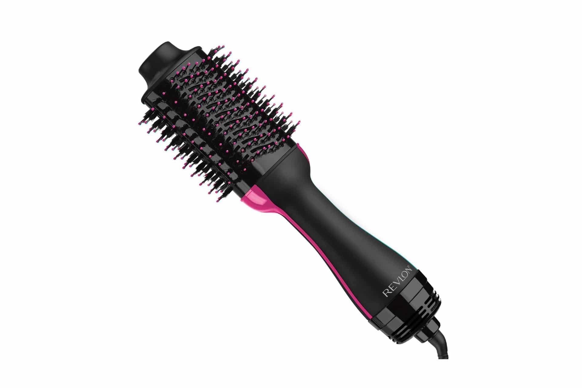 a black and pink circular hair brush