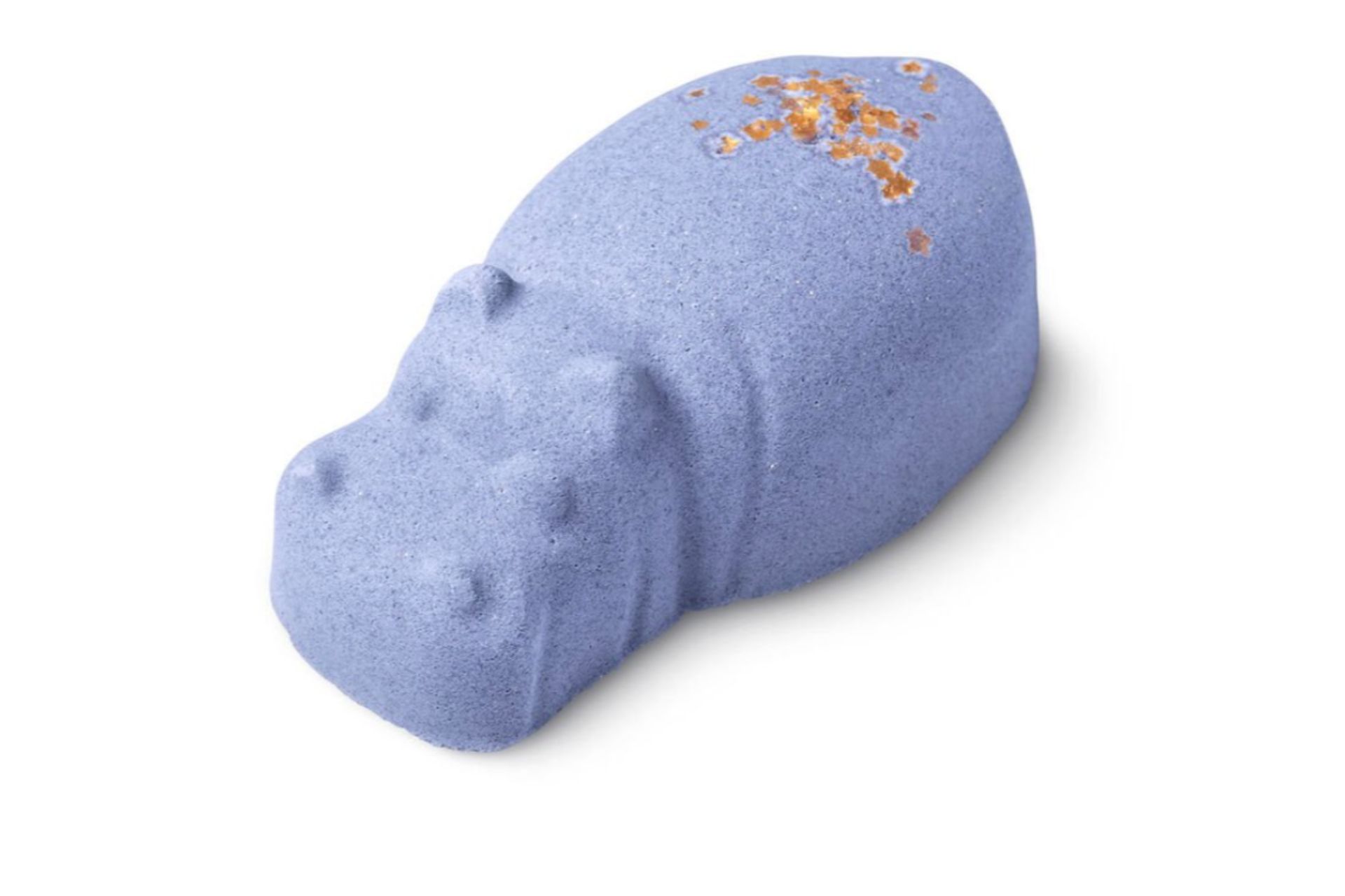 purple hippo bath bomb with gold leaf on its back