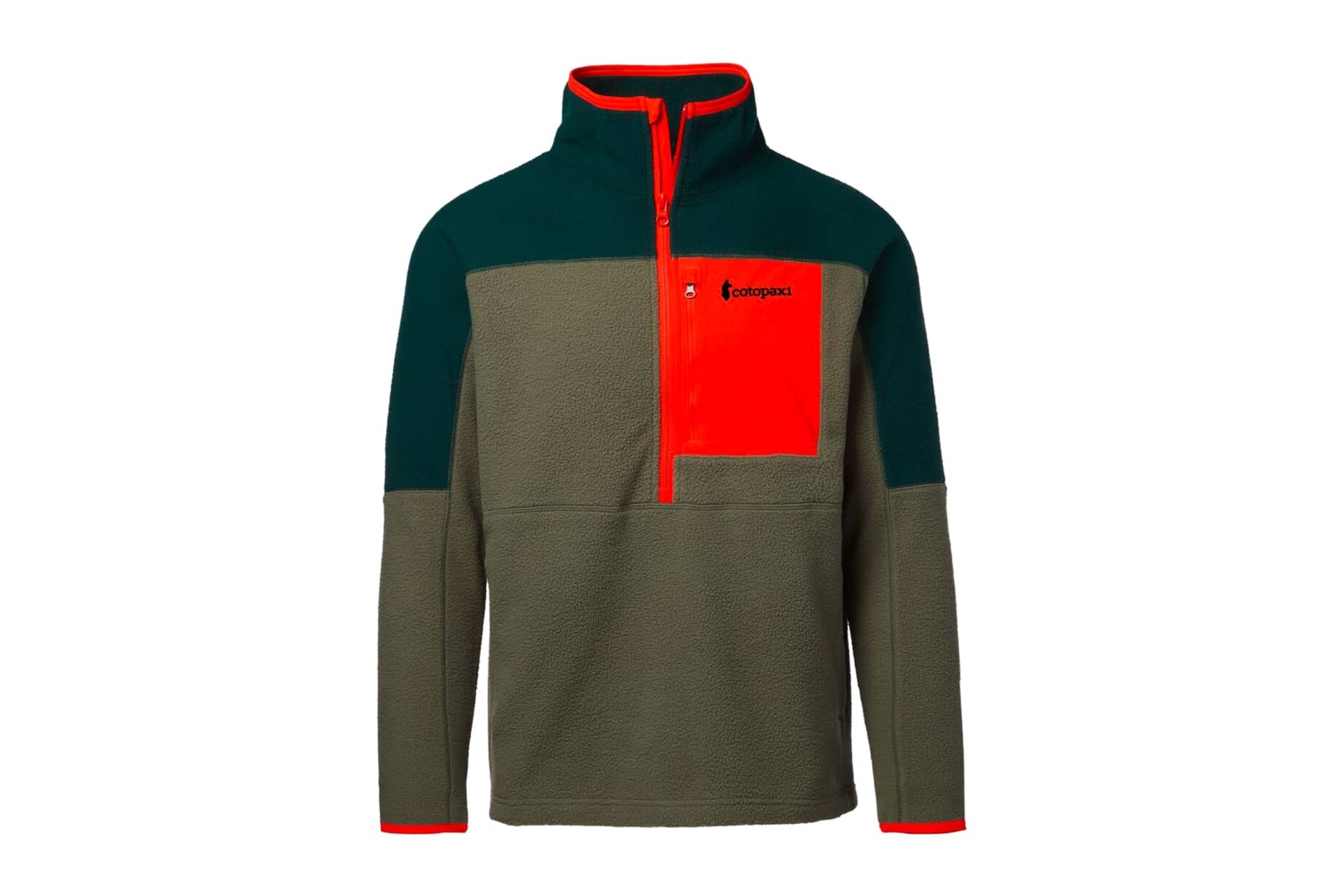 fleece pullover sweater in shades of green and red