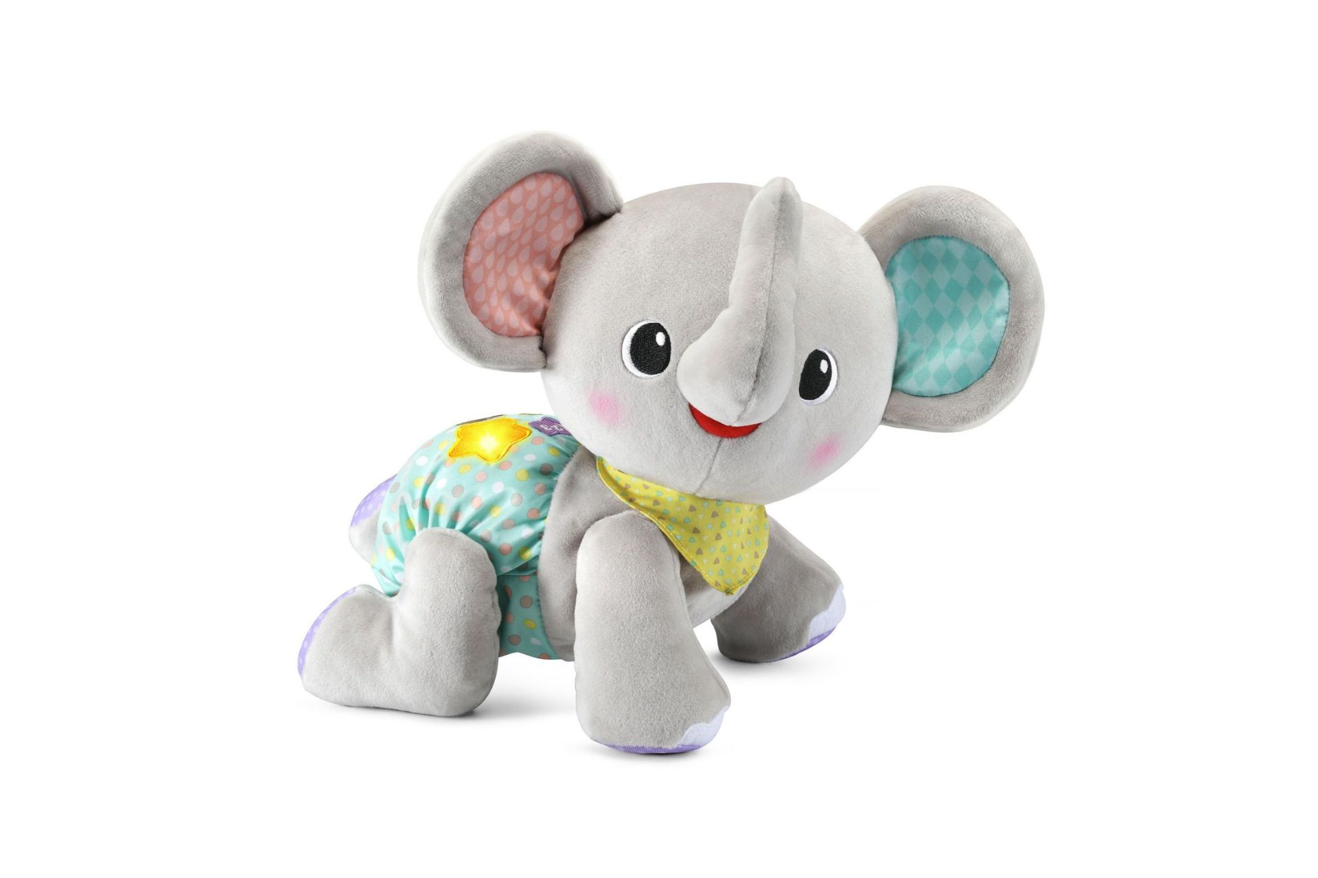 grey stuffed elephant with multicoloured body and ears