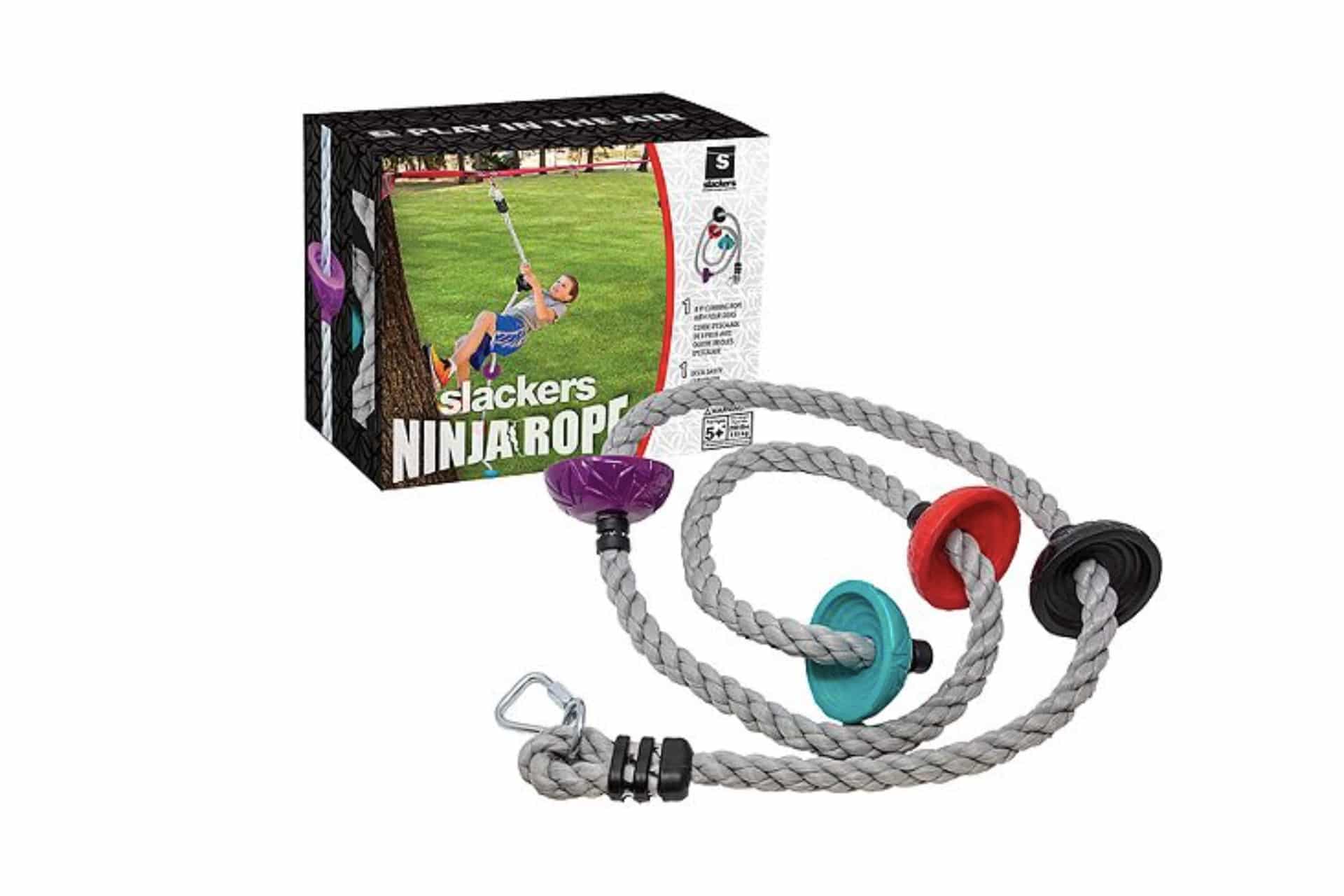 Grey climbing rope with box and multicoloured anchors