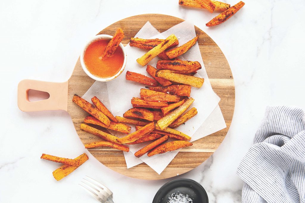 Smoky Sweet Potato And Carrot Fries With Roasted Red Pepper Dipping Sauce
