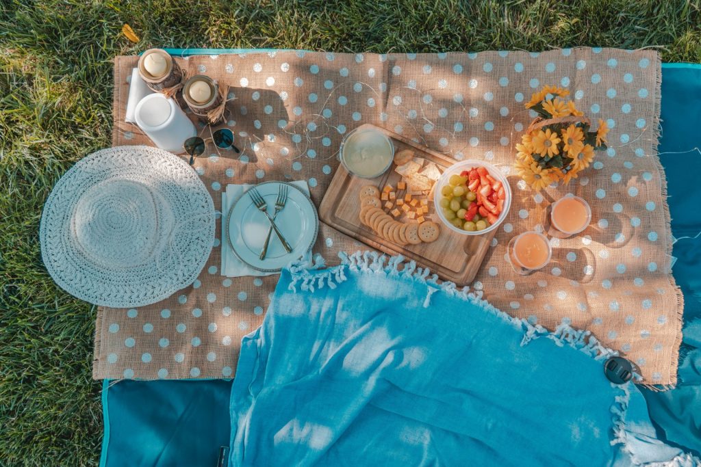 picnic blanket in the shade with food and drinks