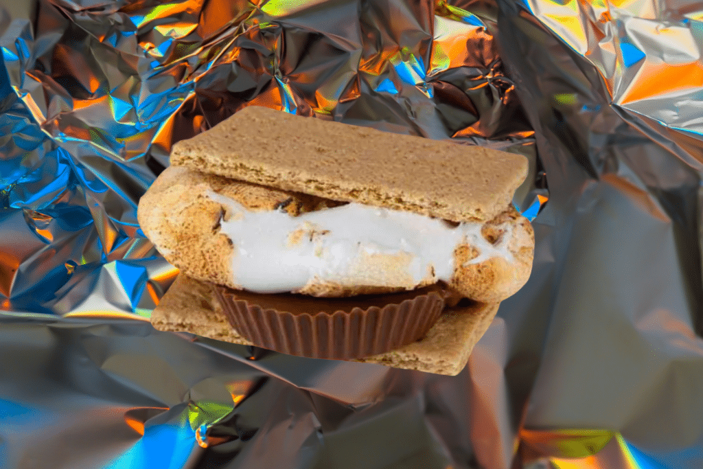 s'more with a peanut butter cup on tin foil