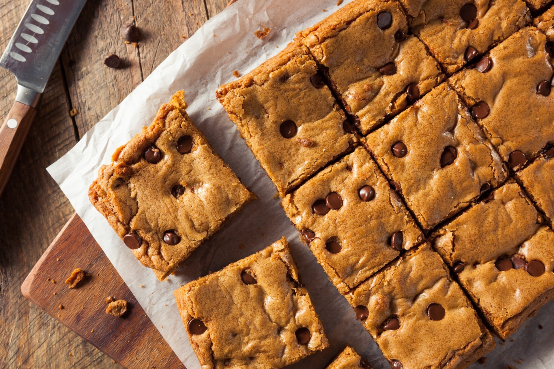 squares of chocolate chip studded blondies