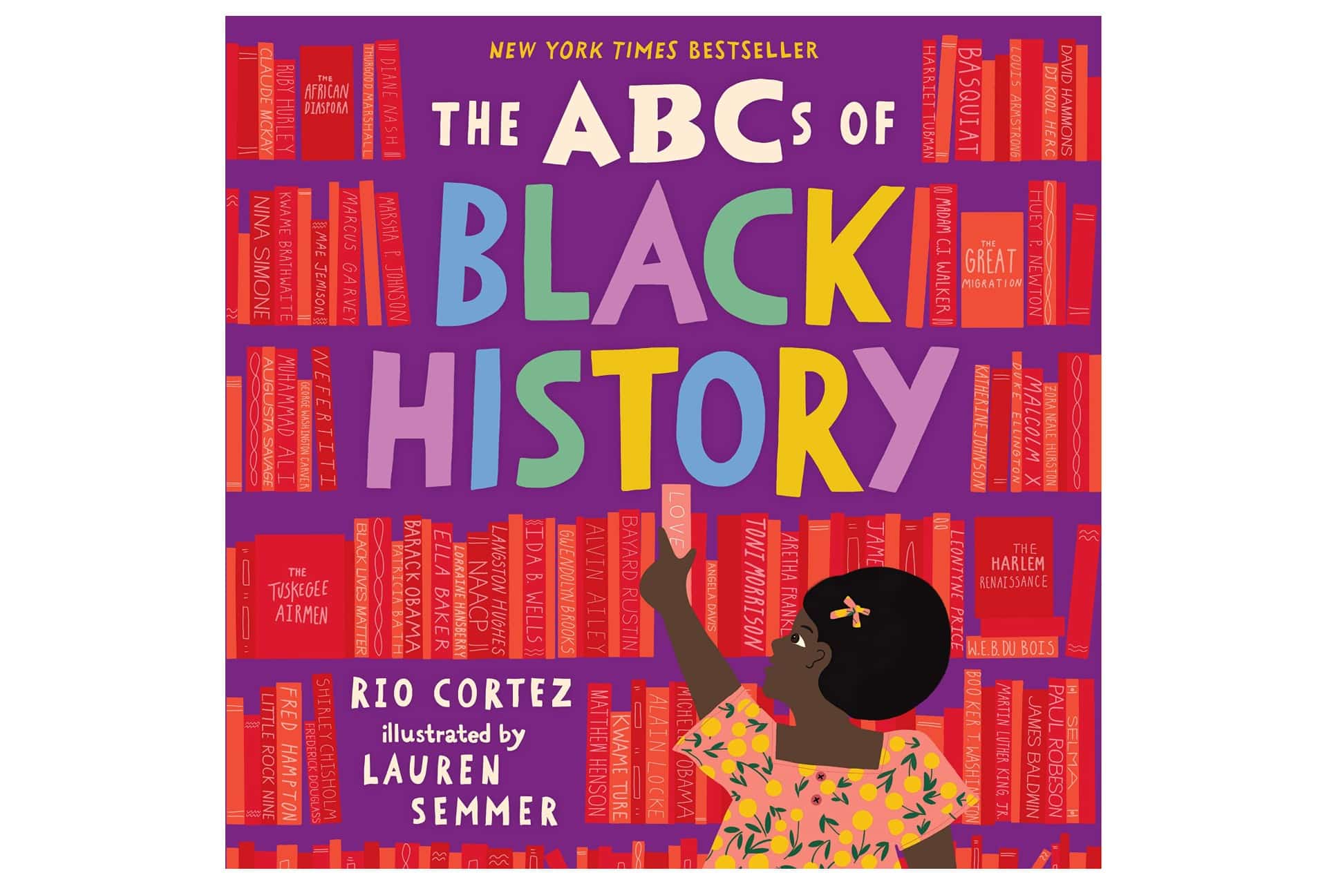 Book cover called The ABCs of Black History with a little Black girl reaching for a book in the library