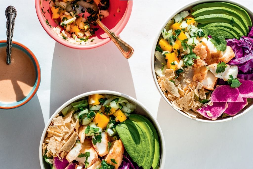 bowls of deconstructed fish taco