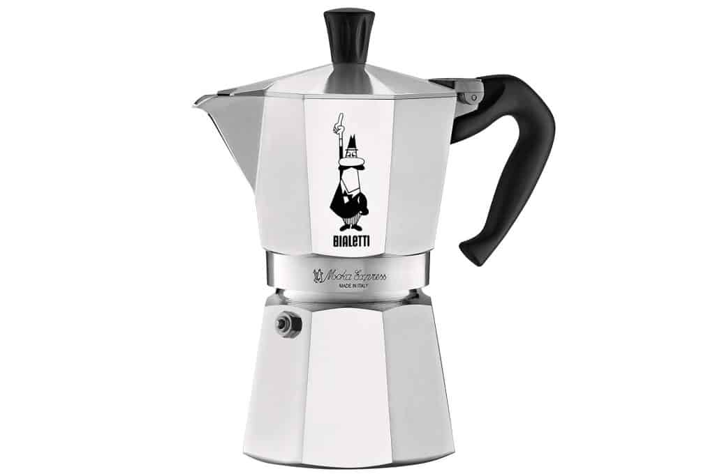 Silver moka pot stovetop coffee maker with black handle
